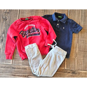 United Colors of Benetton Boys 3 Piece Outfit Set XS Blue Red Polo Shirt Joggers